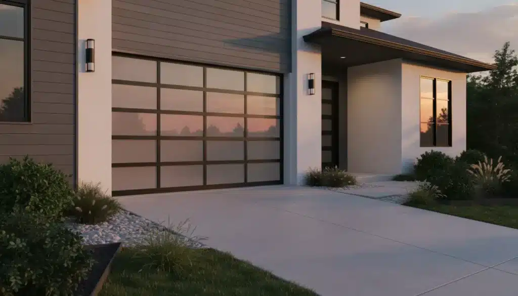Modern home exterior with large glass garage door and landscaped garden at sunset