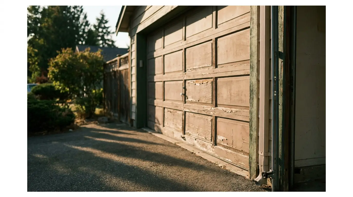 Worn wooden garage door in sunlight with yard and trees in the background