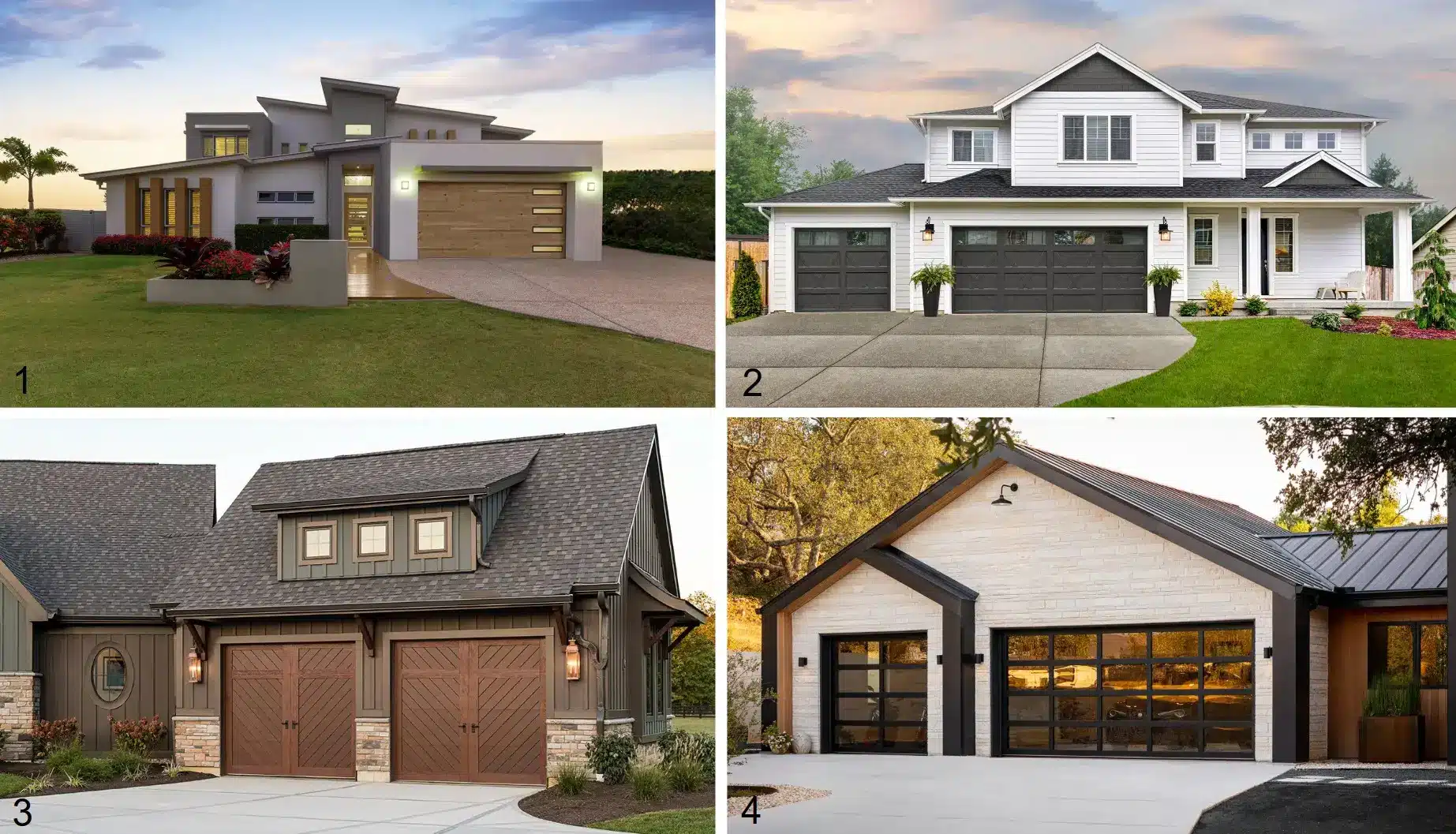 Modern and traditional home facades with varied garage door styles and landscaped yards