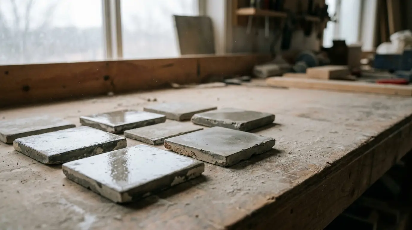 Concrete tiles laid out on a wooden workbench in a bright workshop setting