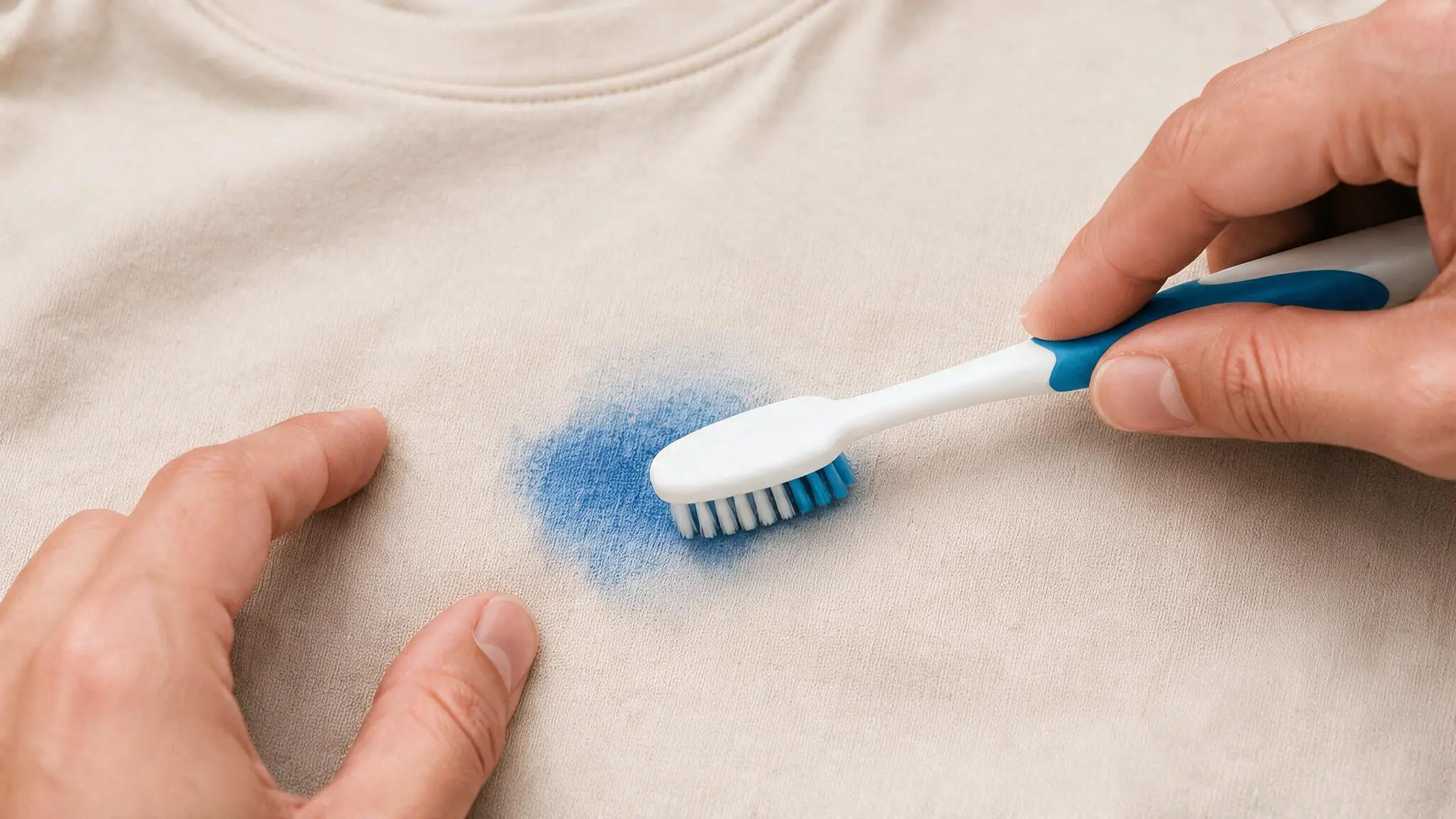 Gently lifting a blue paint stain from a beige T-shirt using a soft toothbrush.