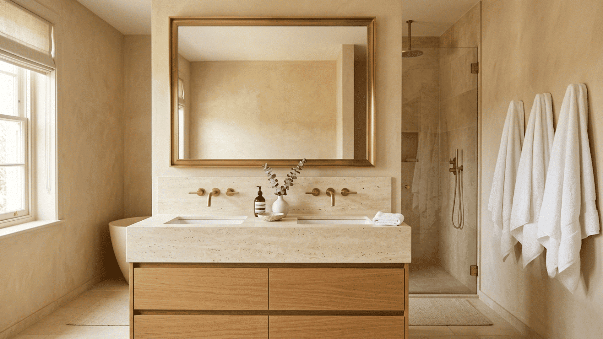 gold bathroom with oak vanity, framed mirror, glass shower, tub, and soft towels