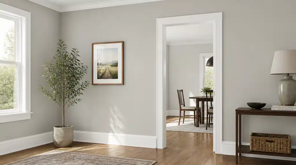 Gray-walled living room with a potted tree, framed landscape print, console table, lamp, basket, and doorway to a dining area.