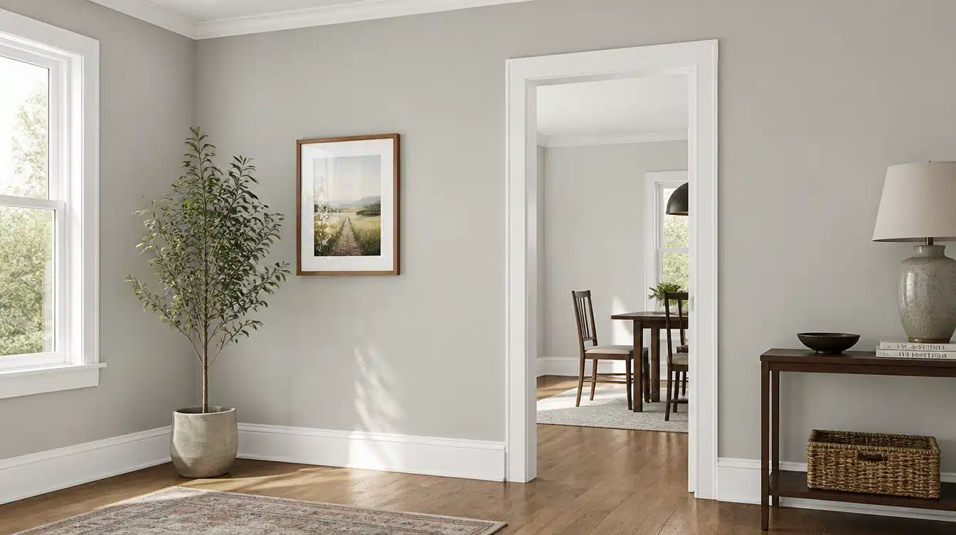 Gray-walled living room with a potted tree, framed landscape print, console table, lamp, basket, and doorway to a dining area.
