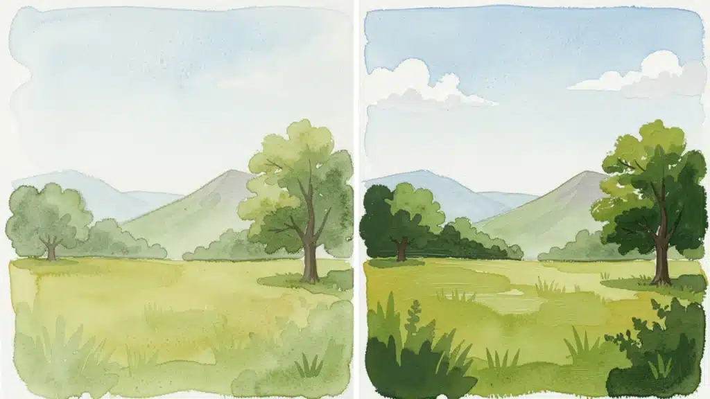 Two side-by-side watercolor landscapes show a mountain meadow with trees, with the left panel pale and faded and the right panel brightly colored.