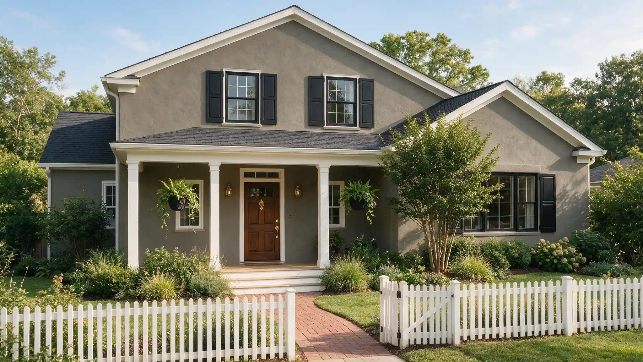 Gray suburban house with black shutters, a covered front porch, landscaped garden, brick walkway, and white picket fence.