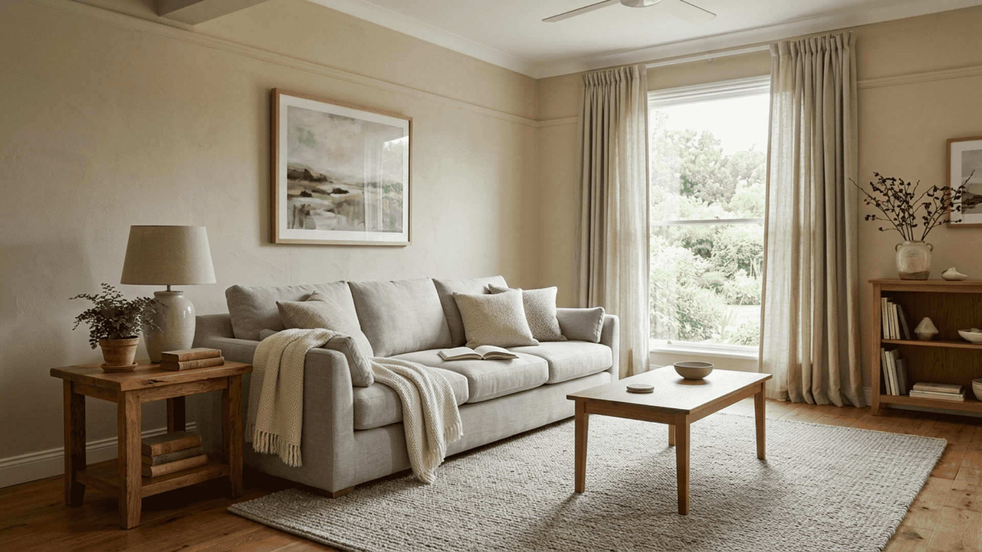soft gray living room with a pale sofa, wood tables, curtains, and large windows
