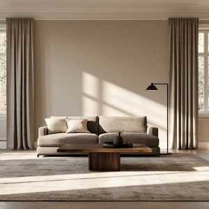 greige living room with a neutral sofa, dark curtains, and warm morning sunlight