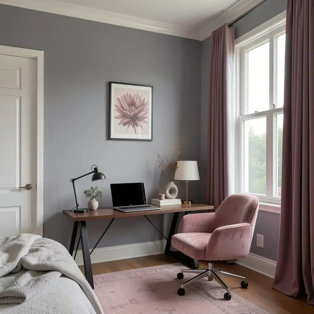 Stylish home office with a laptop on a wooden desk, pink upholstered chair, framed floral artwork, gray walls, and tall windows with mauve curtains.
