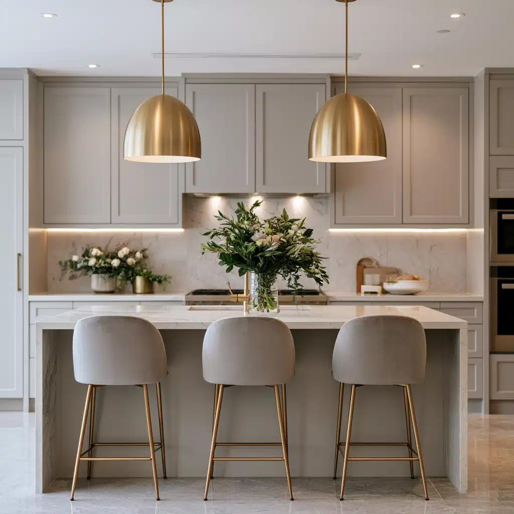 Grey kitchen with brass pendant lights, marble island, upholstered stools, and elegant neutral cabinetry.