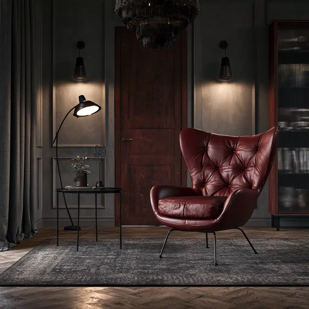 Moody grey study with a deep burgundy leather armchair, dark wood furniture, and warm lighting.