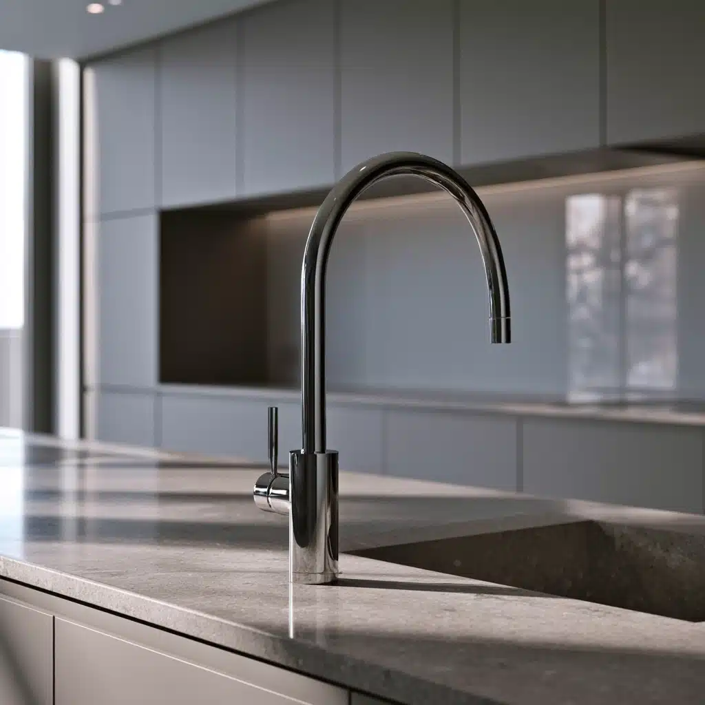 Modern grey kitchen featuring a polished chrome faucet, stone countertop, and sleek minimalist cabinetry.