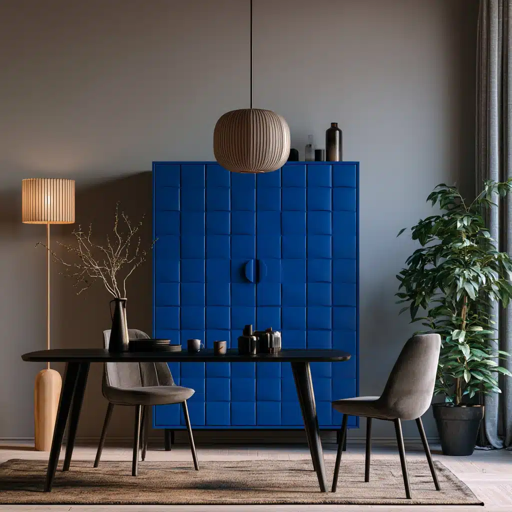 Grey dining room featuring a bold cobalt blue cabinet, dark furniture, and warm contemporary lighting.