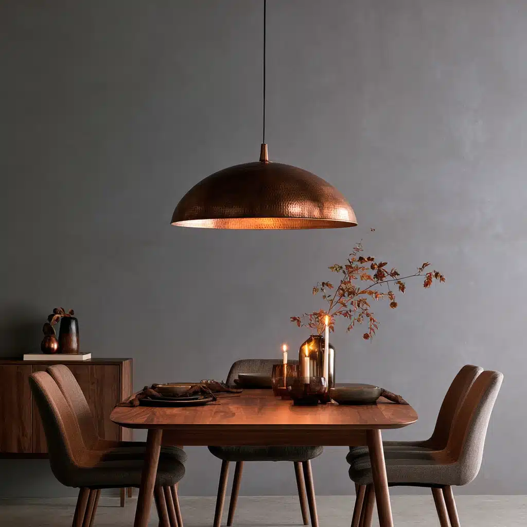 Grey dining room with a hammered copper pendant light, wooden table, and warm ambient styling.