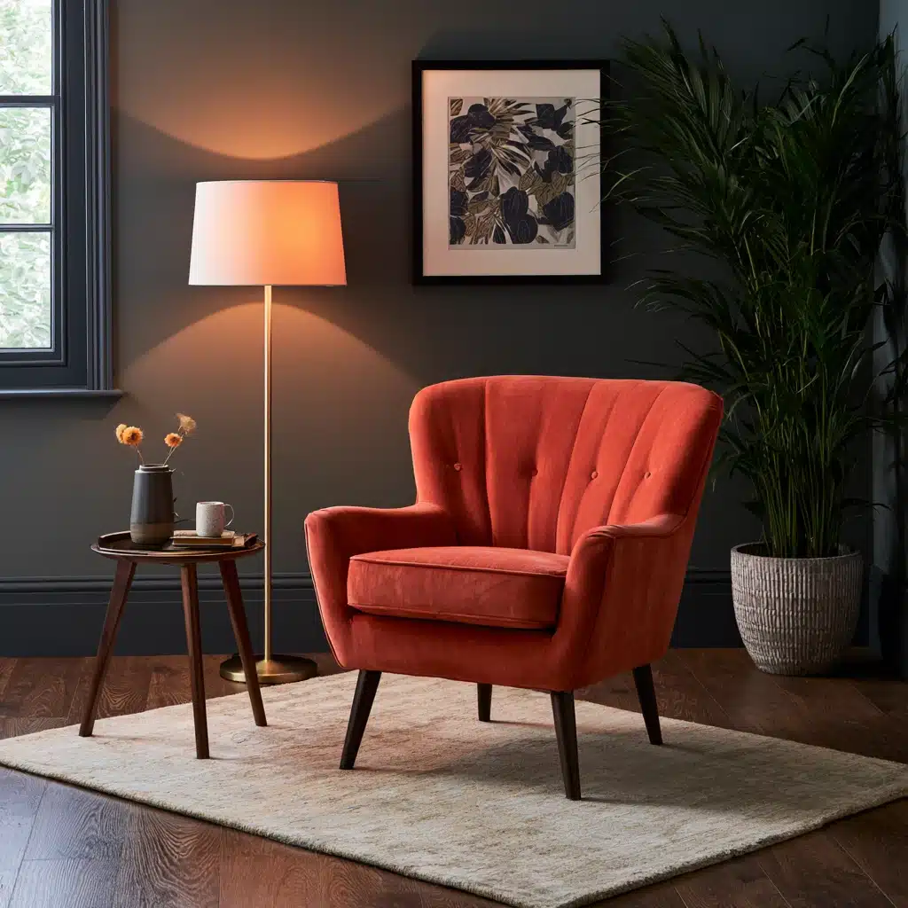 Dark grey living room with a vibrant coral armchair, warm floor lamp, and natural wood accents.