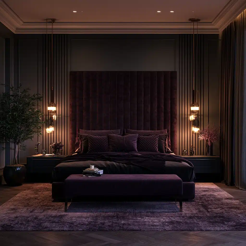 Moody grey bedroom with a deep purple upholstered headboard, dark bedding, and warm ambient lighting.