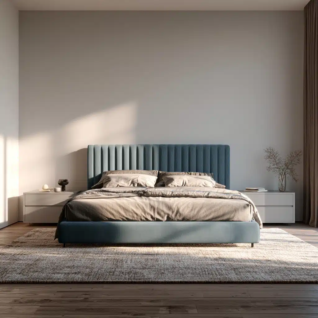 Modern bedroom with a blue upholstered bed, neutral bedding, matching nightstands, minimalist decor, and sunlight streaming across a textured rug.
