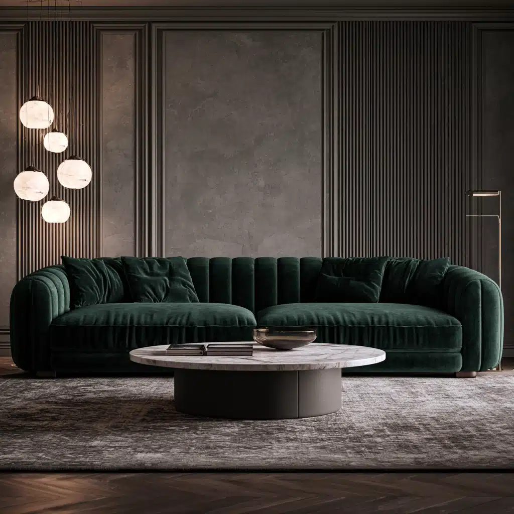 Dark grey living room featuring a luxurious emerald green velvet sofa and marble coffee table.