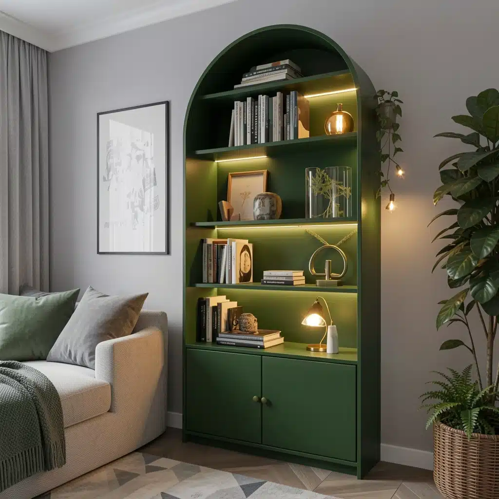 Grey living room with a forest green arched bookshelf, warm lighting, plants, and neutral furnishings.