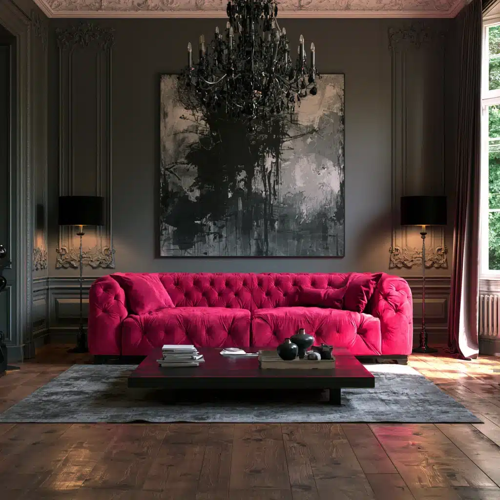 Elegant grey living room with a vivid hot pink velvet sofa and dramatic traditional details.