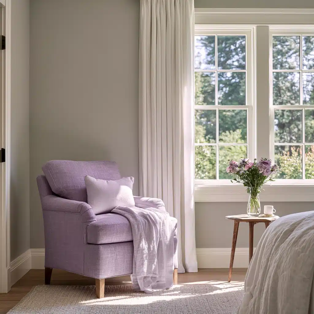 Sunlit bedroom corner with a lavender armchair, draped blanket, side table holding flowers and a cup, and large windows overlooking trees.