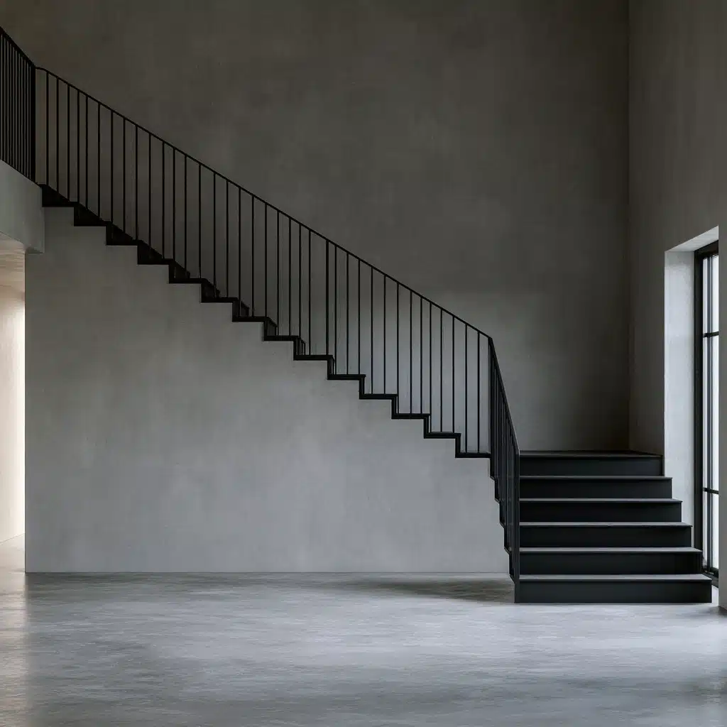Minimalist grey interior with a striking matte black metal staircase and clean architectural lines.