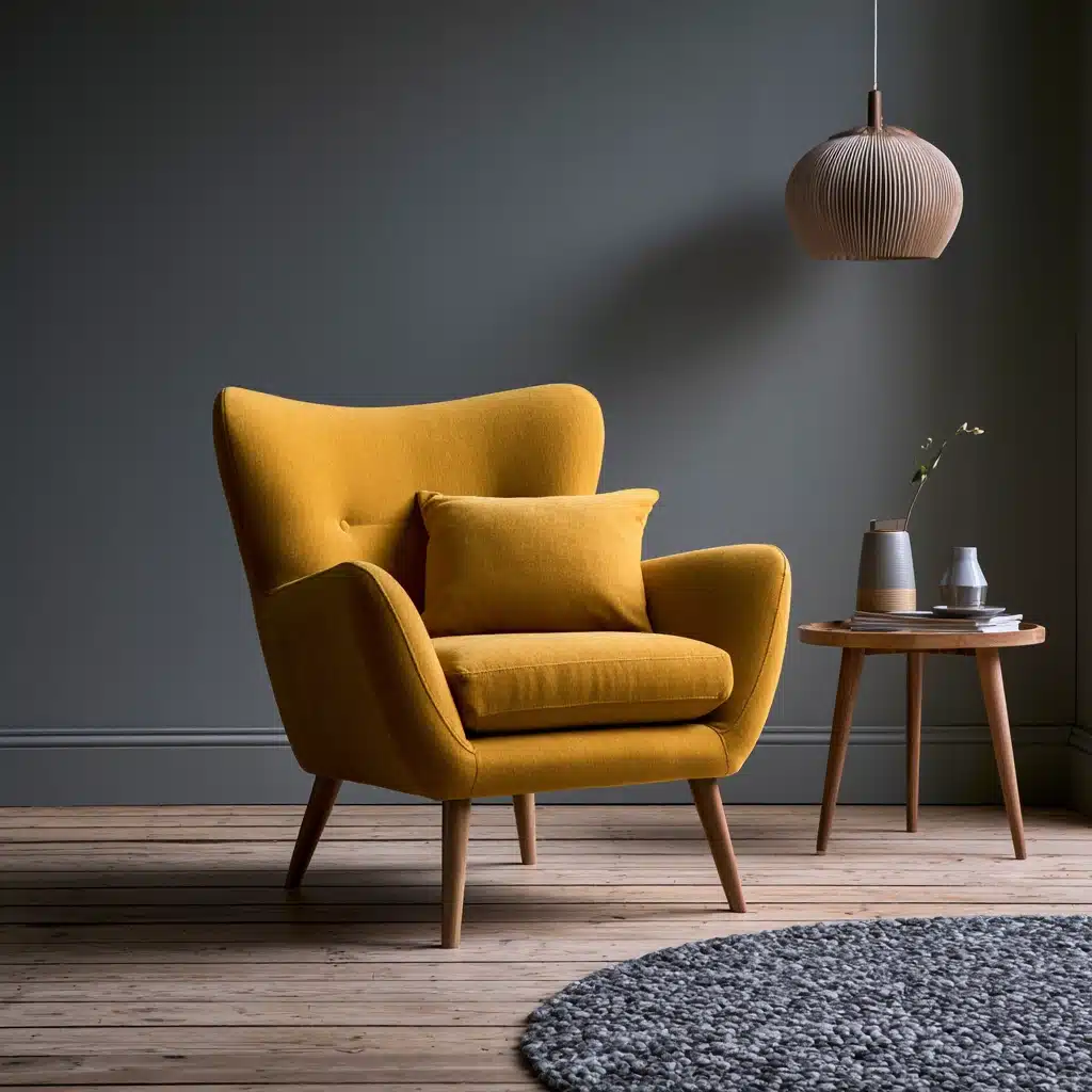 Mustard-yellow armchair with a matching cushion beside a wooden side table, pendant lamp, and decorative vases in a modern dark-walled room.