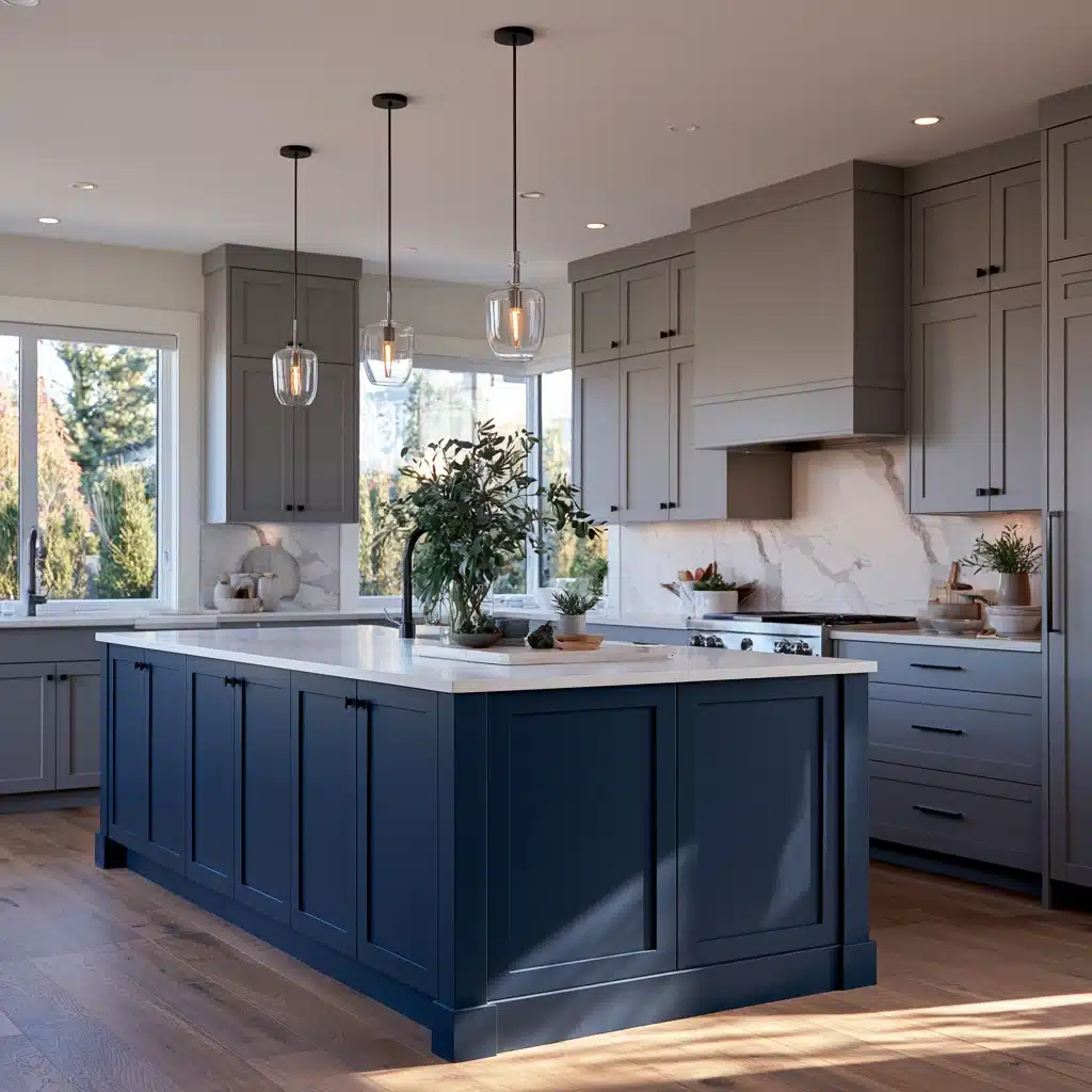 Contemporary grey kitchen with a bold navy blue island, white countertops, and warm wood flooring.