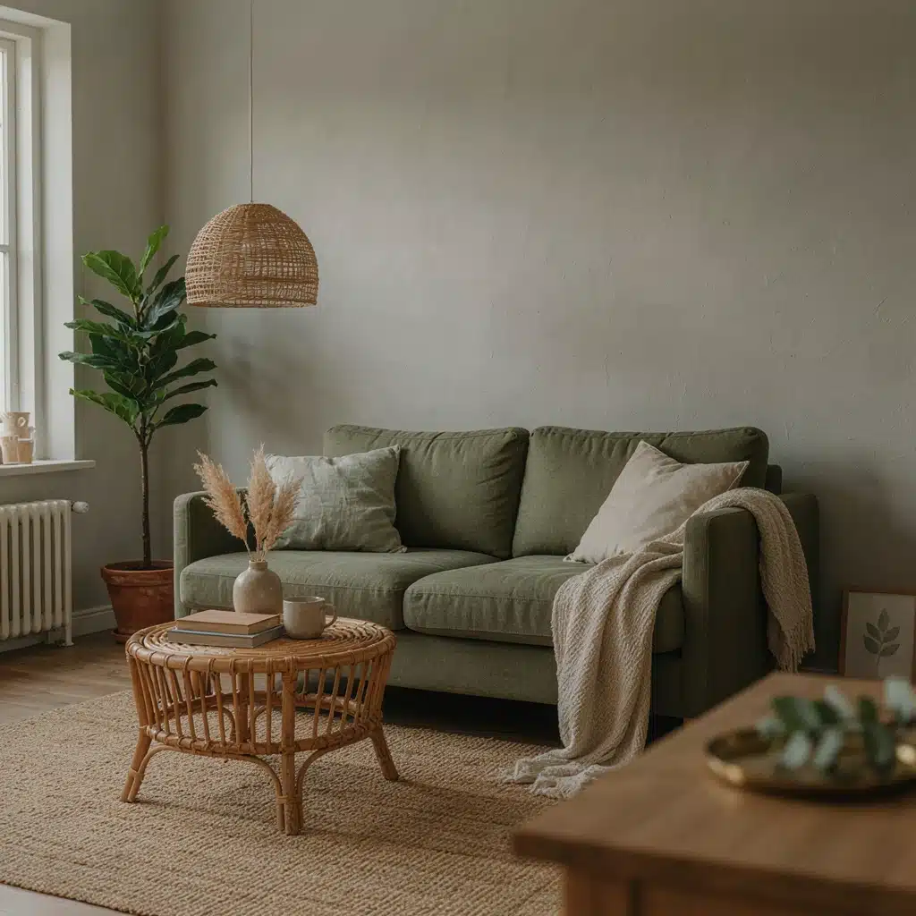 Soft grey living room with an olive green sofa, rattan furniture, natural textures, and warm daylight.