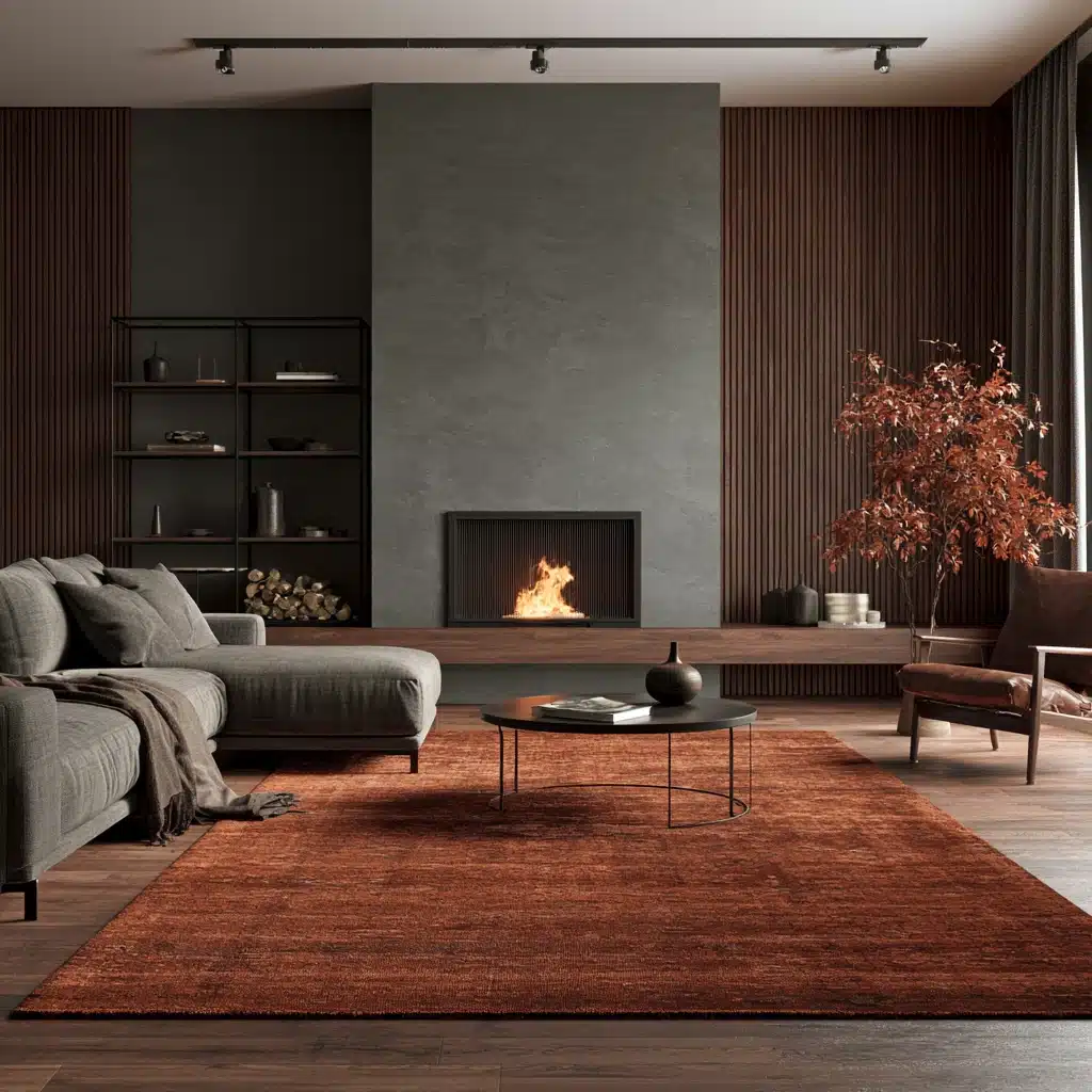 Modern grey living room with a rust-colored rug, dark wood panels, fireplace, and minimalist furniture.