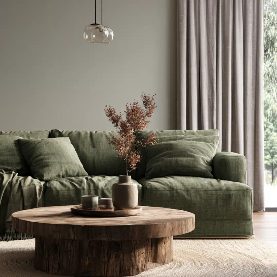 Cozy living room with a sage-green sofa, round wooden coffee table, ceramic vase of dried branches, pendant light, and sunlit curtains.