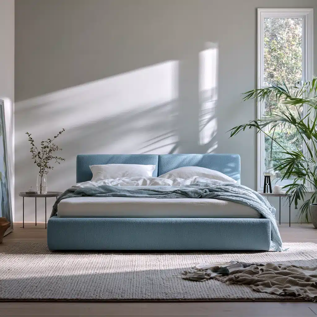 Light grey bedroom featuring a sky blue upholstered bed, white bedding, plants, and natural sunlight.