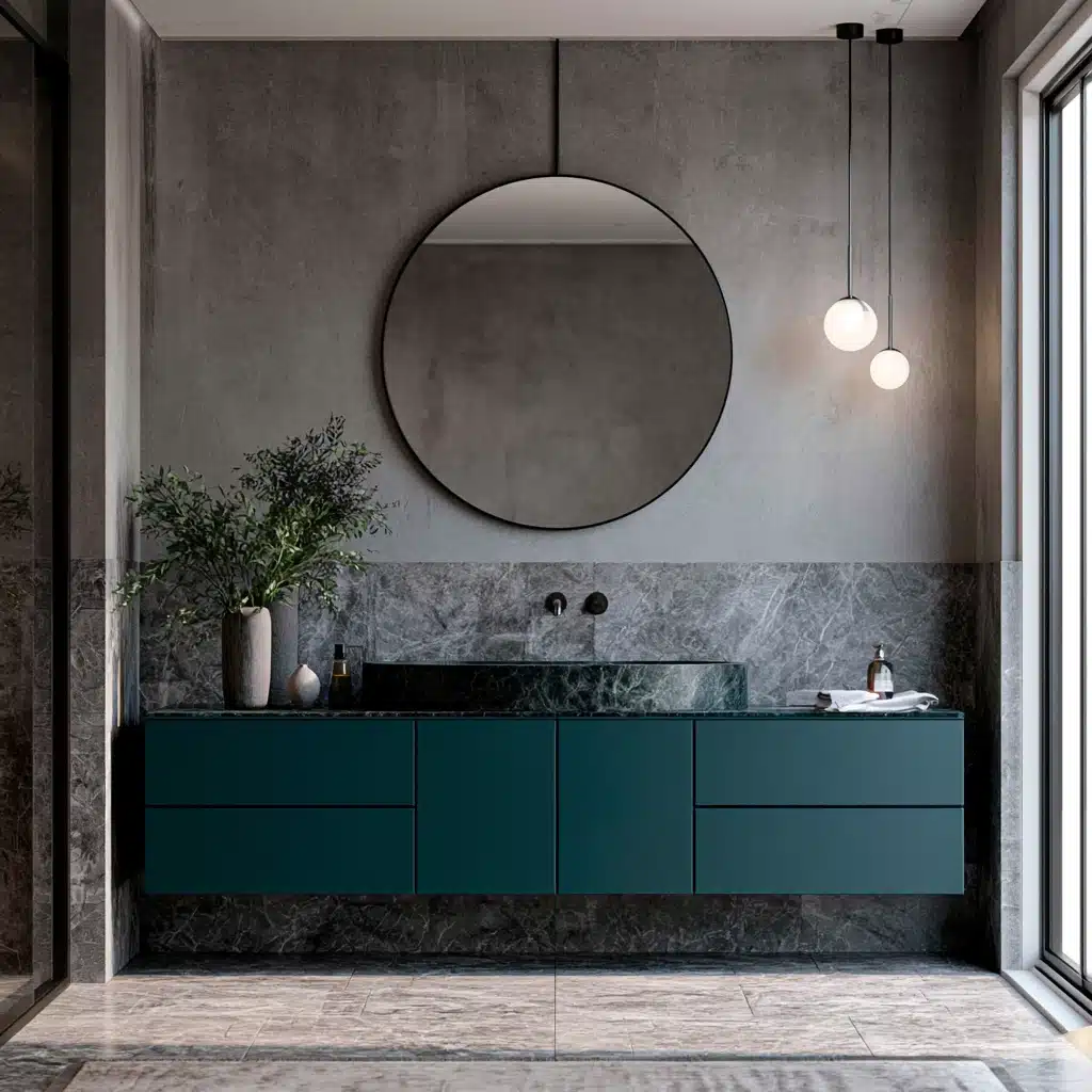 Modern grey bathroom featuring a teal floating vanity, stone surfaces, and minimalist pendant lighting.