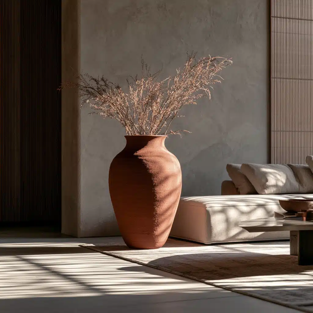 Sunlit minimalist living room featuring a large terracotta vase filled with delicate branches beside a cream sofa and low coffee table.