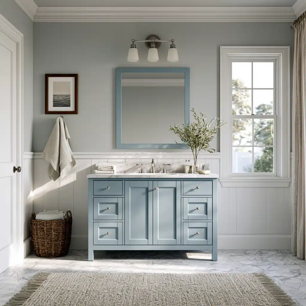 Grey bathroom with a water blue vanity, white trim, marble flooring, and bright natural light.