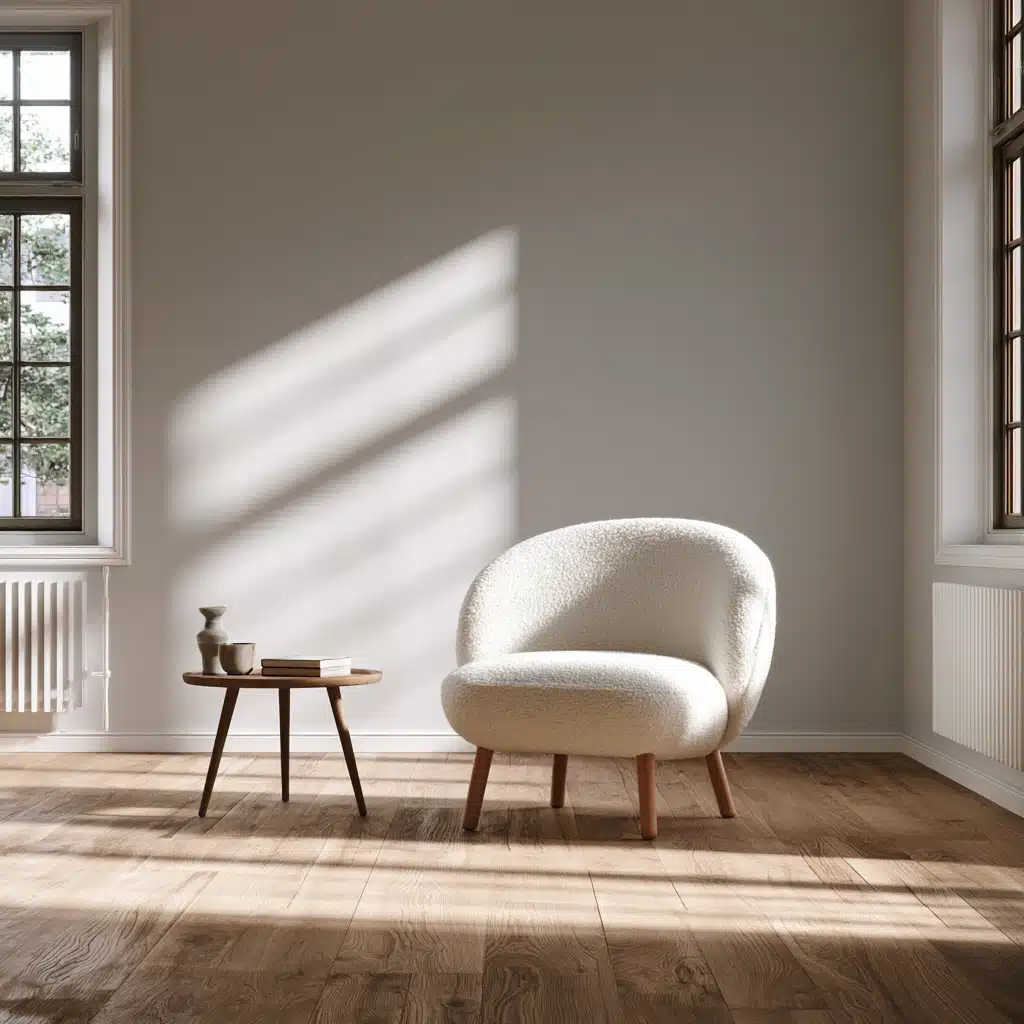 Sunlit minimalist living room with a cream boucle armchair, small wooden side table holding books and pottery, tall windows, and radiator on a wood floor.