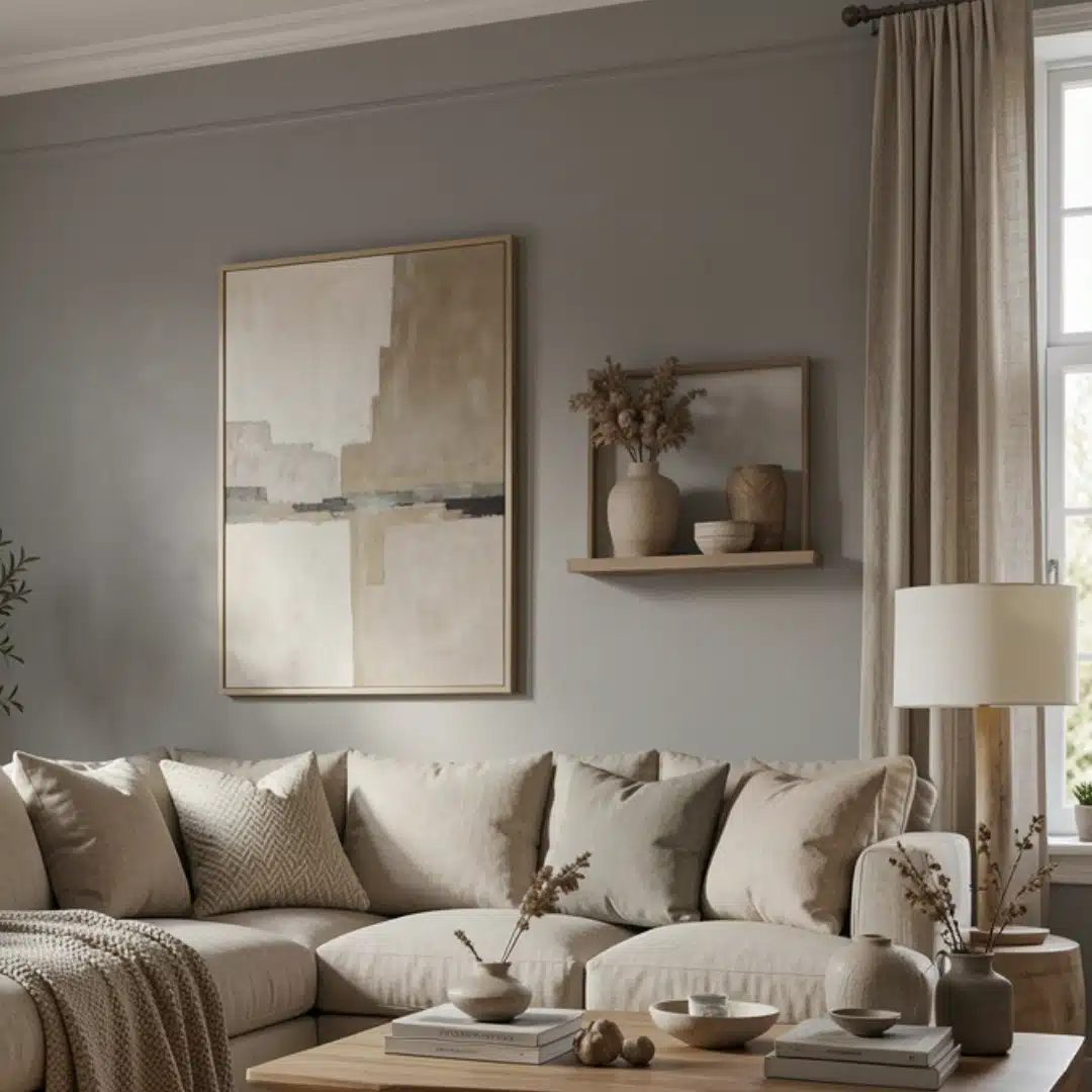Neutral-toned living room with a plush sectional sofa, abstract wall art, decorative shelf, coffee table, floor lamp, and window with curtains.