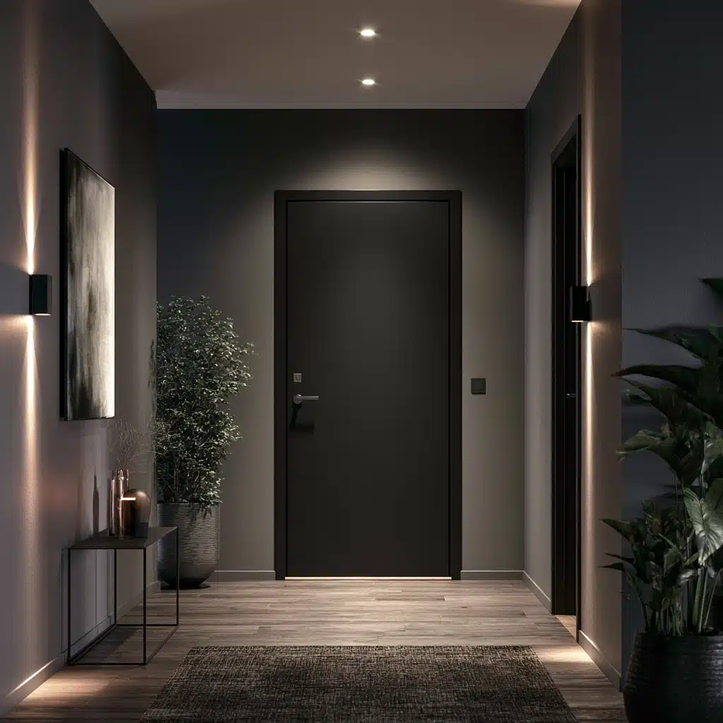 Modern dimly lit entryway with a matte black door, wood flooring, textured rug, wall sconces, abstract artwork, console table, and potted plants.
