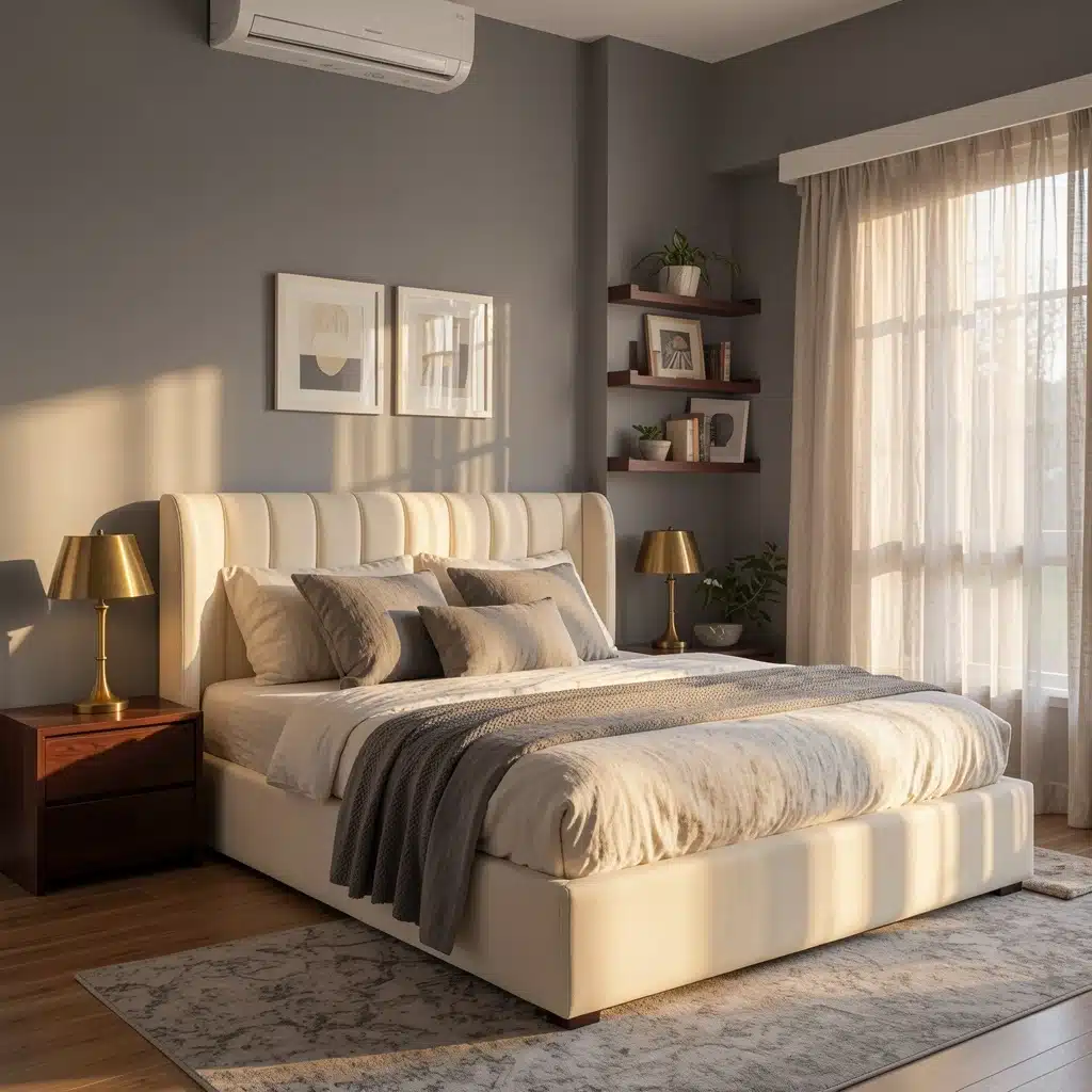 Sunlit modern bedroom with a cream upholstered bed, layered neutral bedding, bedside lamps, wall shelves, framed artwork, and sheer curtains.