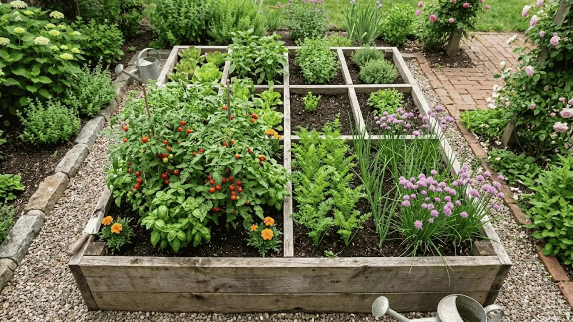Grid wooden raised bed with blocks of tomatoes, carrots, onions, and herbs