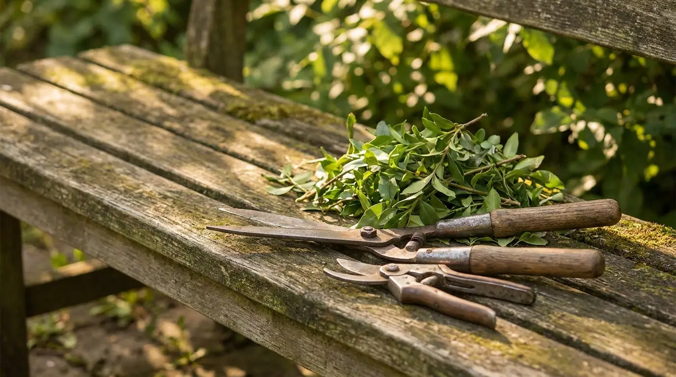 Garden shears and trimmed branches on weathered wooden bench outdoors in sunlight