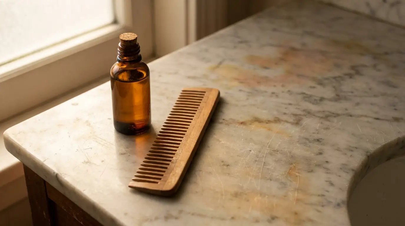 Amber bottle and wooden comb on marble bathroom countertop in warm lighting
