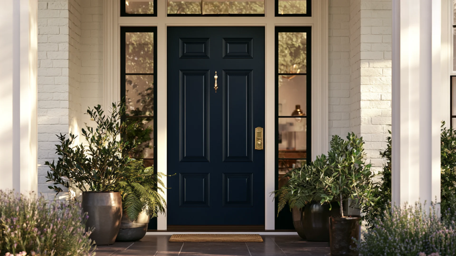 Hale Navy front door with decorative paneling, brass hardware, black-framed sidelights, white brick walls, and potted greenery.
