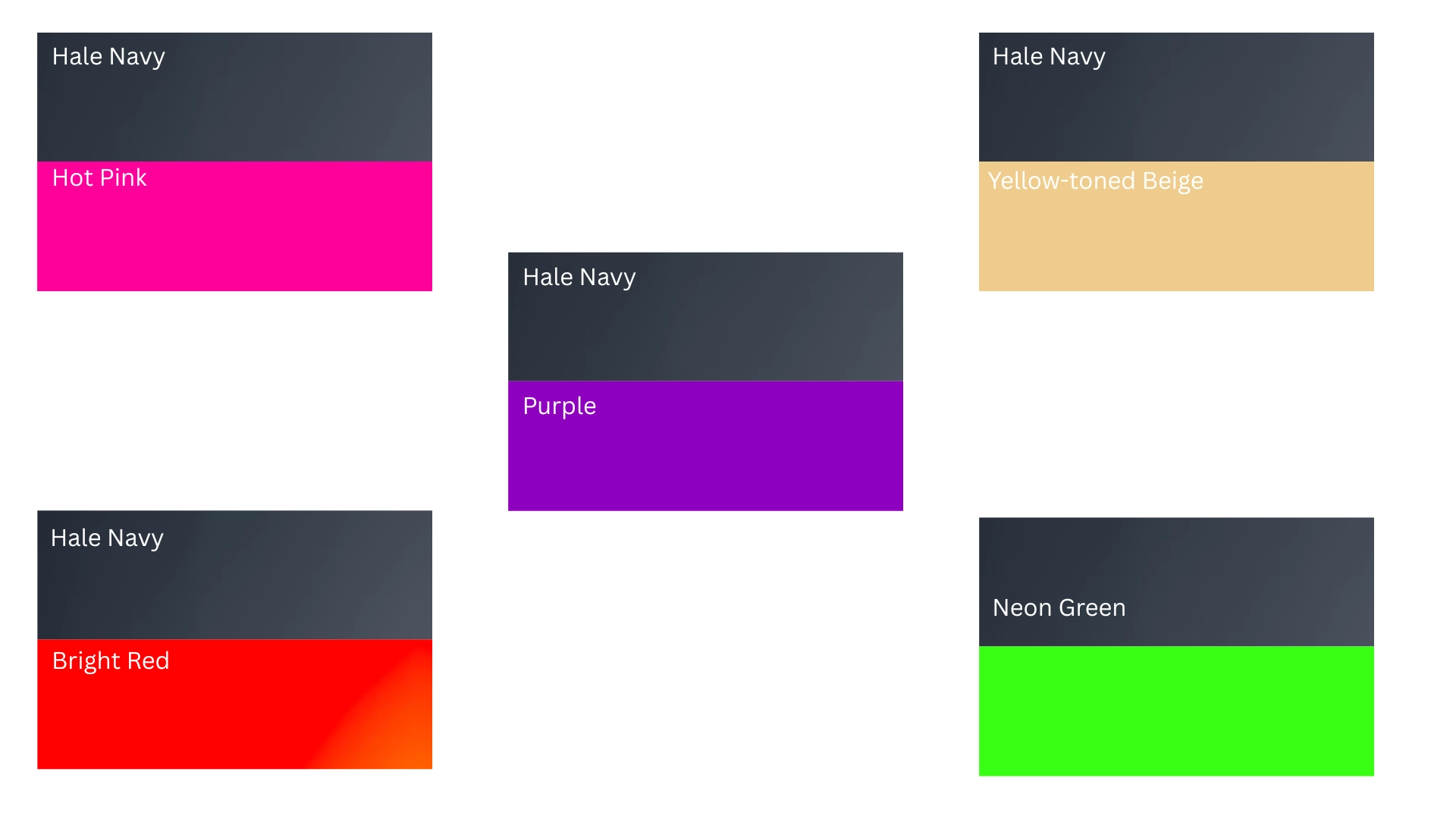 Hale Navy paired with hot pink, purple, yellow-toned beige, bright red, and neon green.