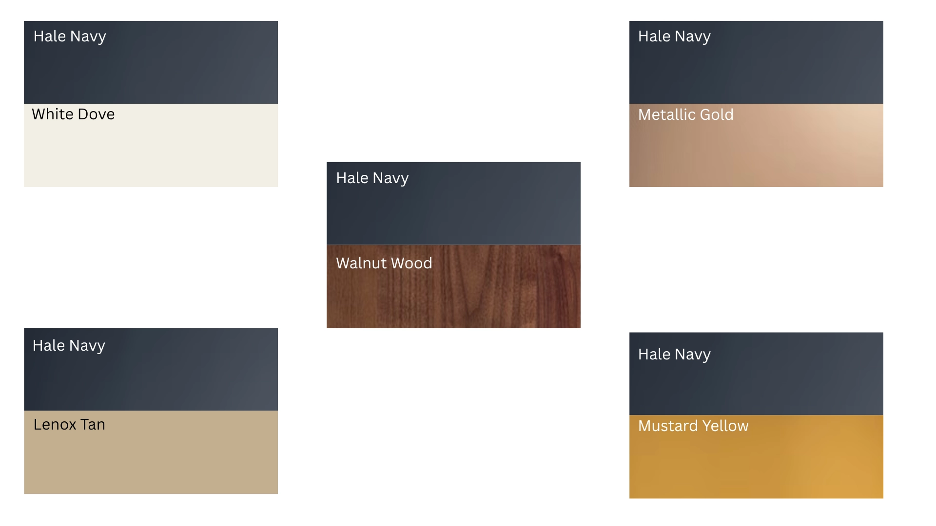 Hale Navy paired with White Dove, walnut wood, metallic gold, Lenox Tan, and mustard yellow.