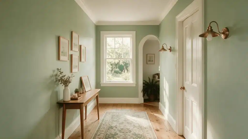 Sunlit sage green hallway with a wooden console table, runner rug, and arched doorway.