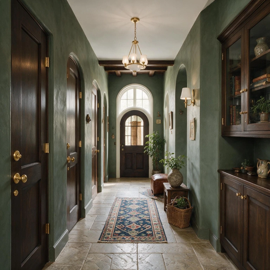 muted sage green hallway with dark wood doors, brass hardware, and stone tile floors.