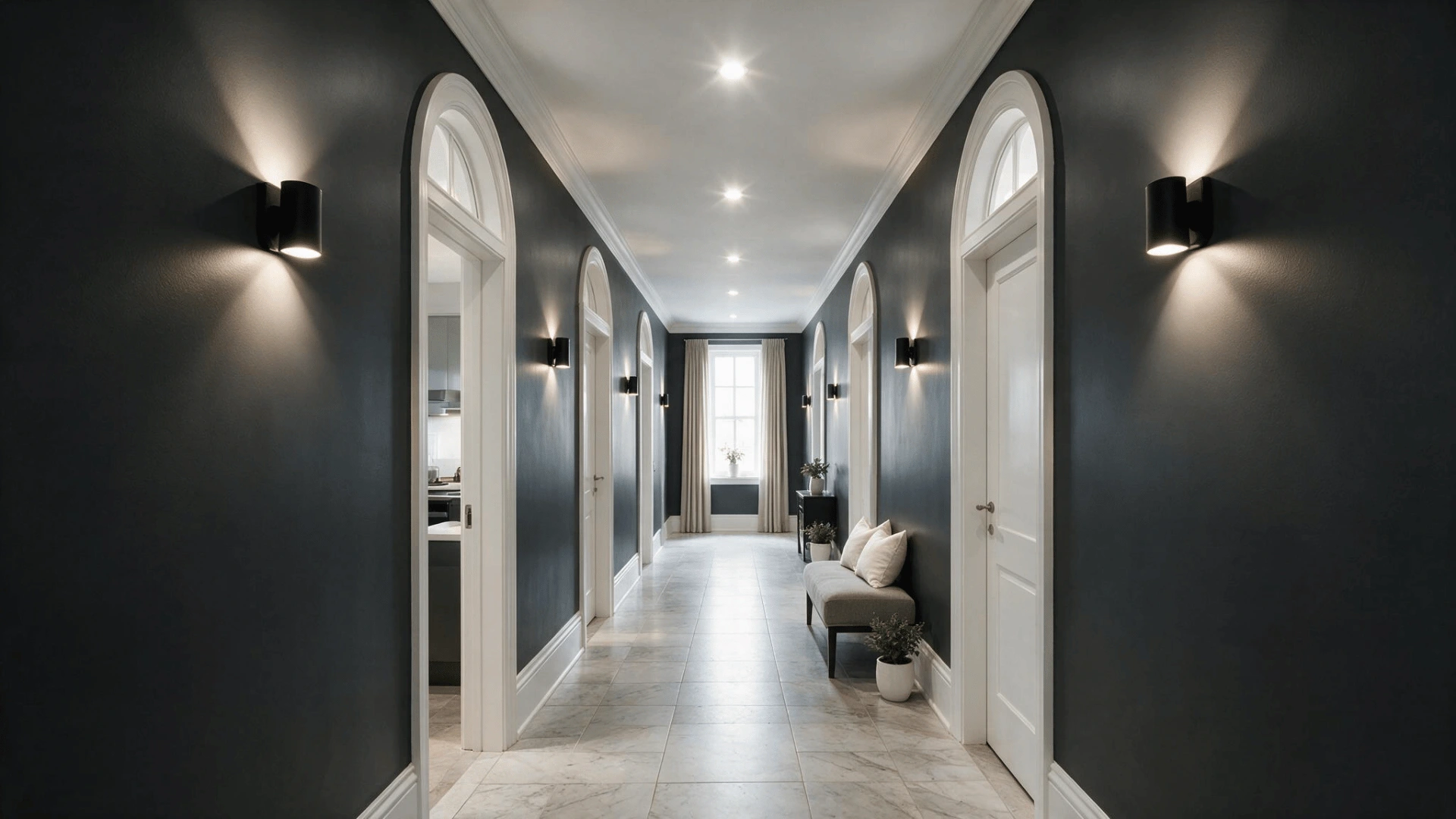Dark charcoal hallway featuring crisp white door trim and modern wall sconces