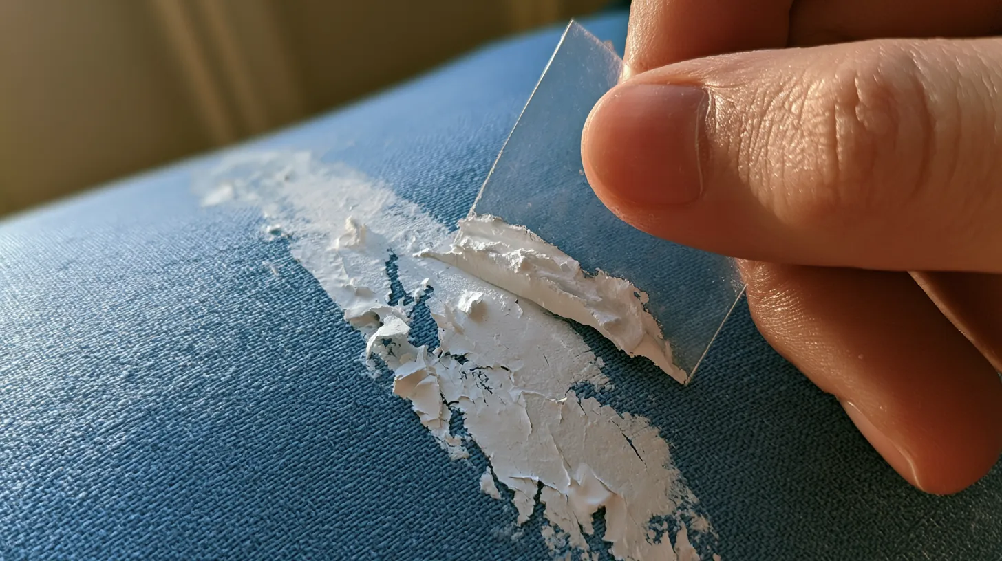Hand scraping dried white paint from blue cloth with a clear plastic scraper.