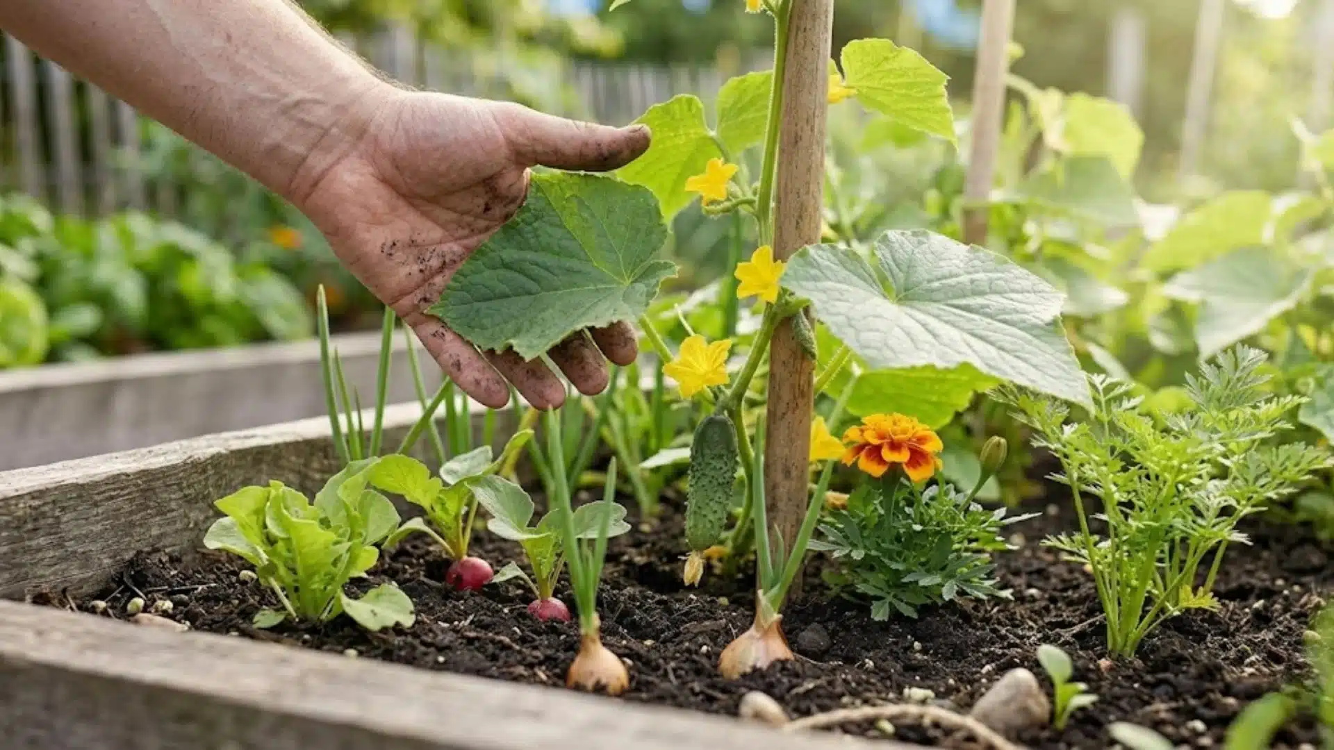 Hand tending a small cucumber vine interplanted with radishes and marigolds